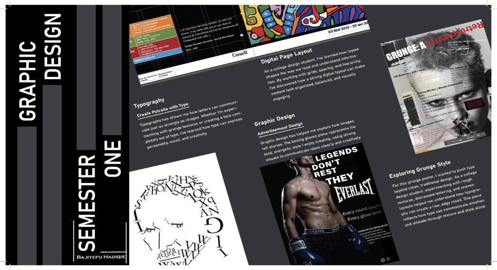 Graphic design brochure showcasing typography, digital page layout, and poster designs from semester one.